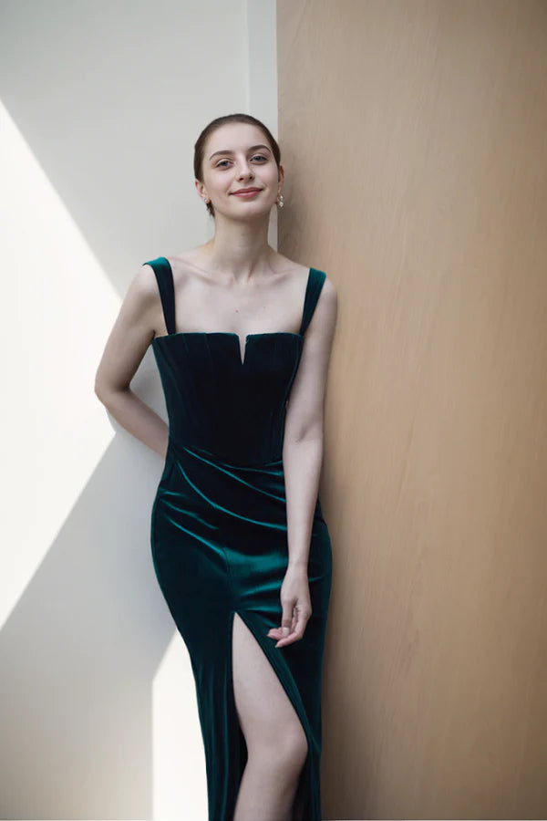 Weekend Flash Sale Vintage Spaghetti-straps square neckline long Velvet Dress Side Slit Weekend Flash Sale Vintage Spaghetti-straps square neckline long Velvet Dress Side Slit
