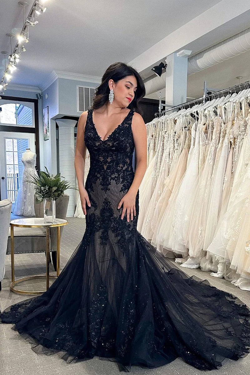 Fantastic Offers Black V Neck Lace Appliques Mermaid Prom Dresses with Beading