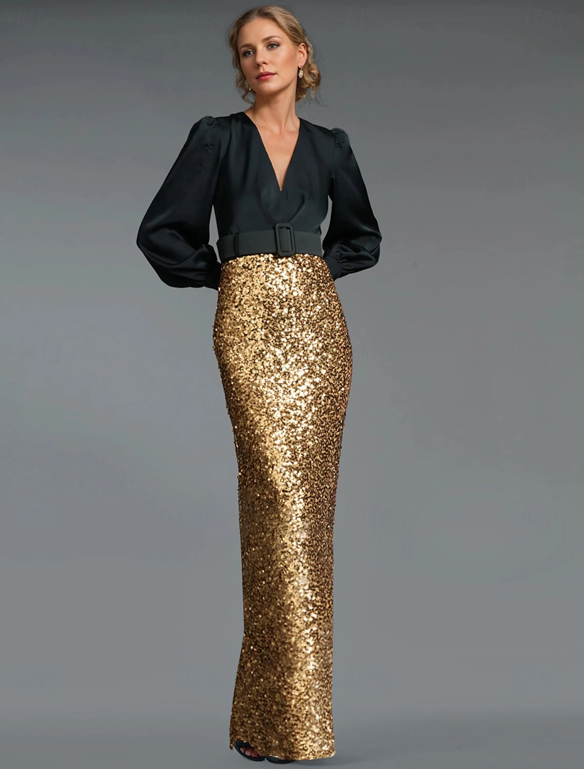 Inventory Reduction A-Line Evening Gown Black Tie Floor Length Long Sleeve V Neck Belt / Sash Sequined with Slit Inventory Reduction A-Line Evening Gown Black Tie Floor Length Long Sleeve V Neck Belt / Sash Sequined with Slit