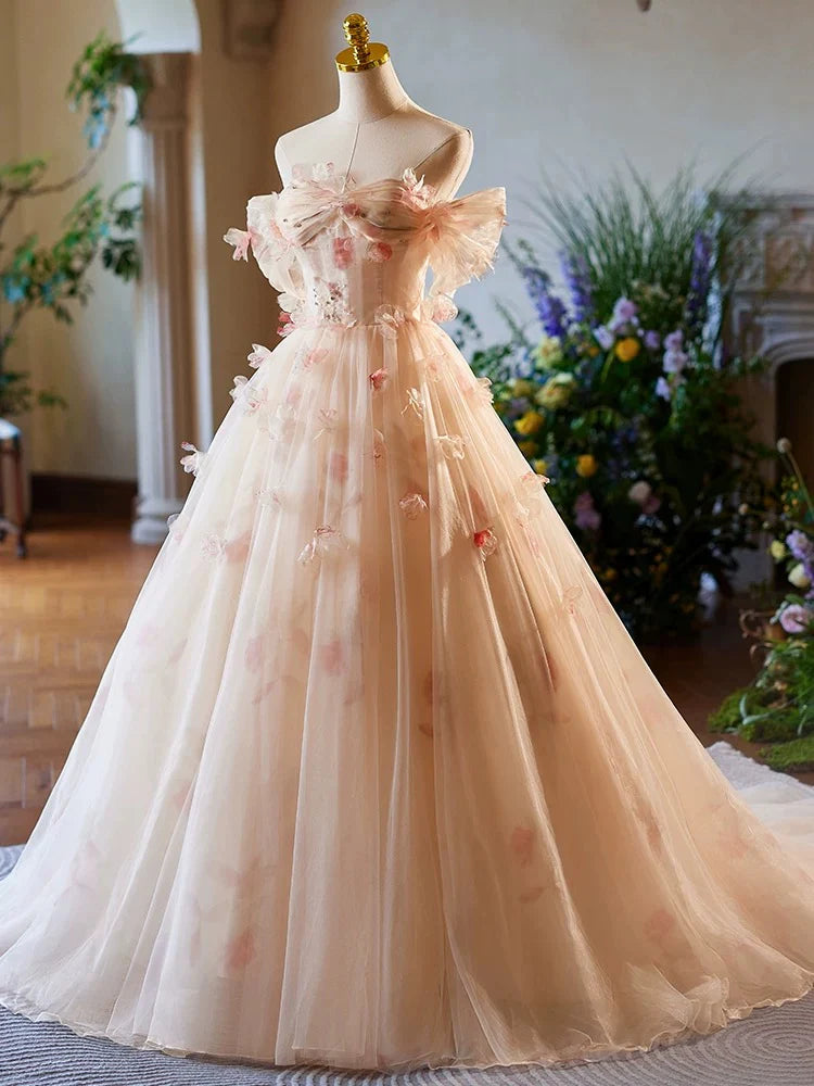 Deal of the Day A-Line Off Shoulder Tulle Champagne Long Prom Dress Formal Dress Quinceanera Dress