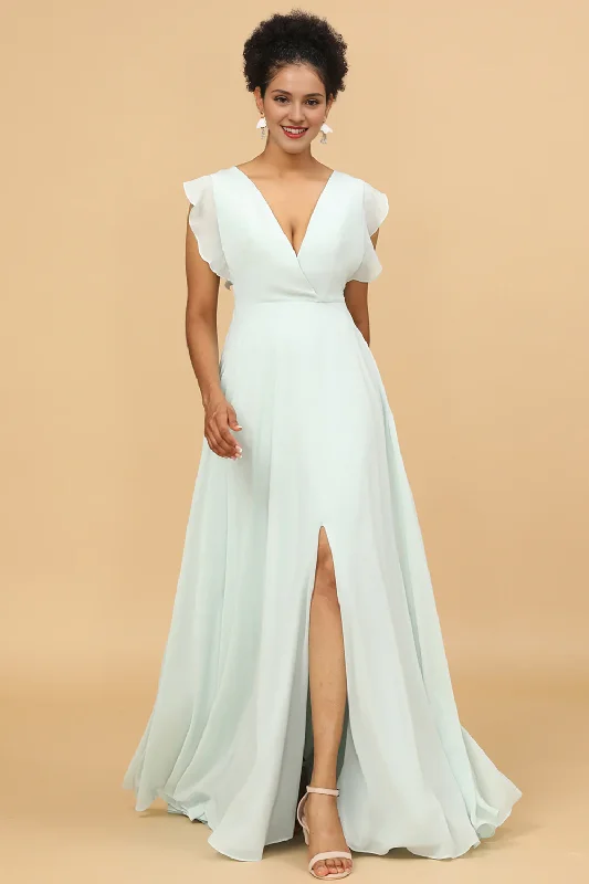 Daily Deals Mint V-neck long slit chiffon bridesmaid dress