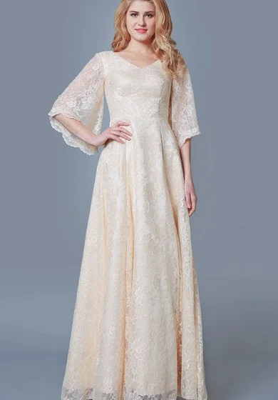 Season Finale Sale Elegant Bell Sleeve A-line Long Lace Dress With V-neck