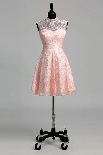Limited Stock Simple A-line High Neck Sleeveless Short/Mini Lace Dress
