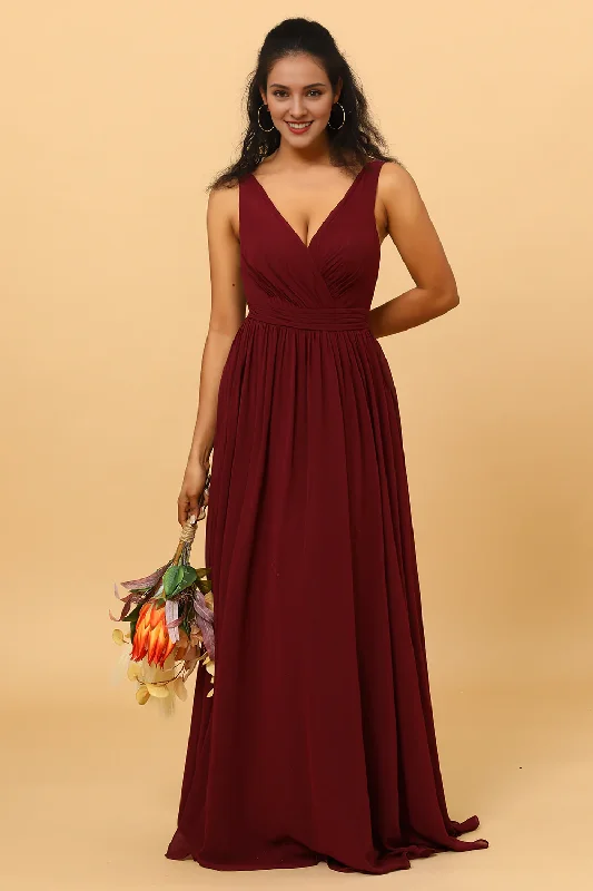 Markdowns Cabernet A Line V-neck pleated and floor length chiffon bridesmaid dress