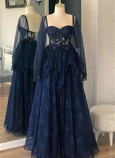 Midnight Sale A-Line Princess Navy Blue Tulle with Lace Long Sleeves Prom Dress Navy Blue Party Dress