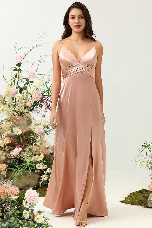 Deal Dash Powder blusher A-line thin shoulder belt bright slit satin bridesmaid dress Deal Dash Powder blusher A-line thin shoulder belt bright slit satin bridesmaid dress