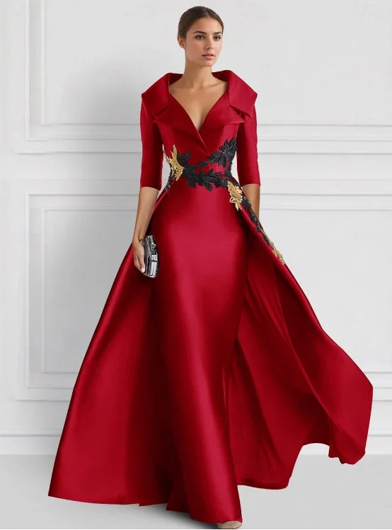 Closeout Sale A-Line Evening Gown Elegant Floor Length 3/4 Length Sleeve Shirt Collar Satin with Appliques Closeout Sale A-Line Evening Gown Elegant Floor Length 3/4 Length Sleeve Shirt Collar Satin with Appliques