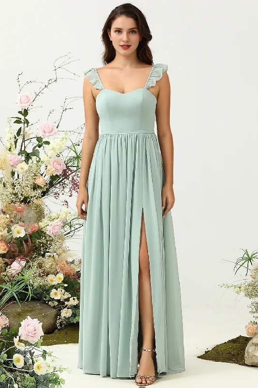 Epic Deals Dusty Sage A-line thin shoulder strap ruffled chiffon bridesmaid dress