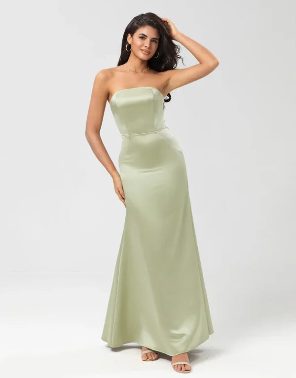Holiday Sale Bridesmaid Dress Strapless Satin Sheath Green