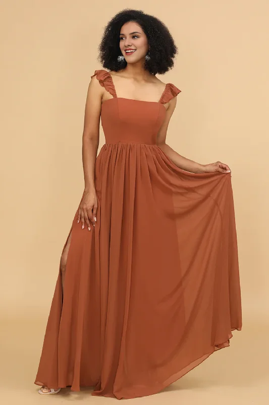 Shop and Save Red earth A-line ruffled and ground chiffon bridesmaid dress