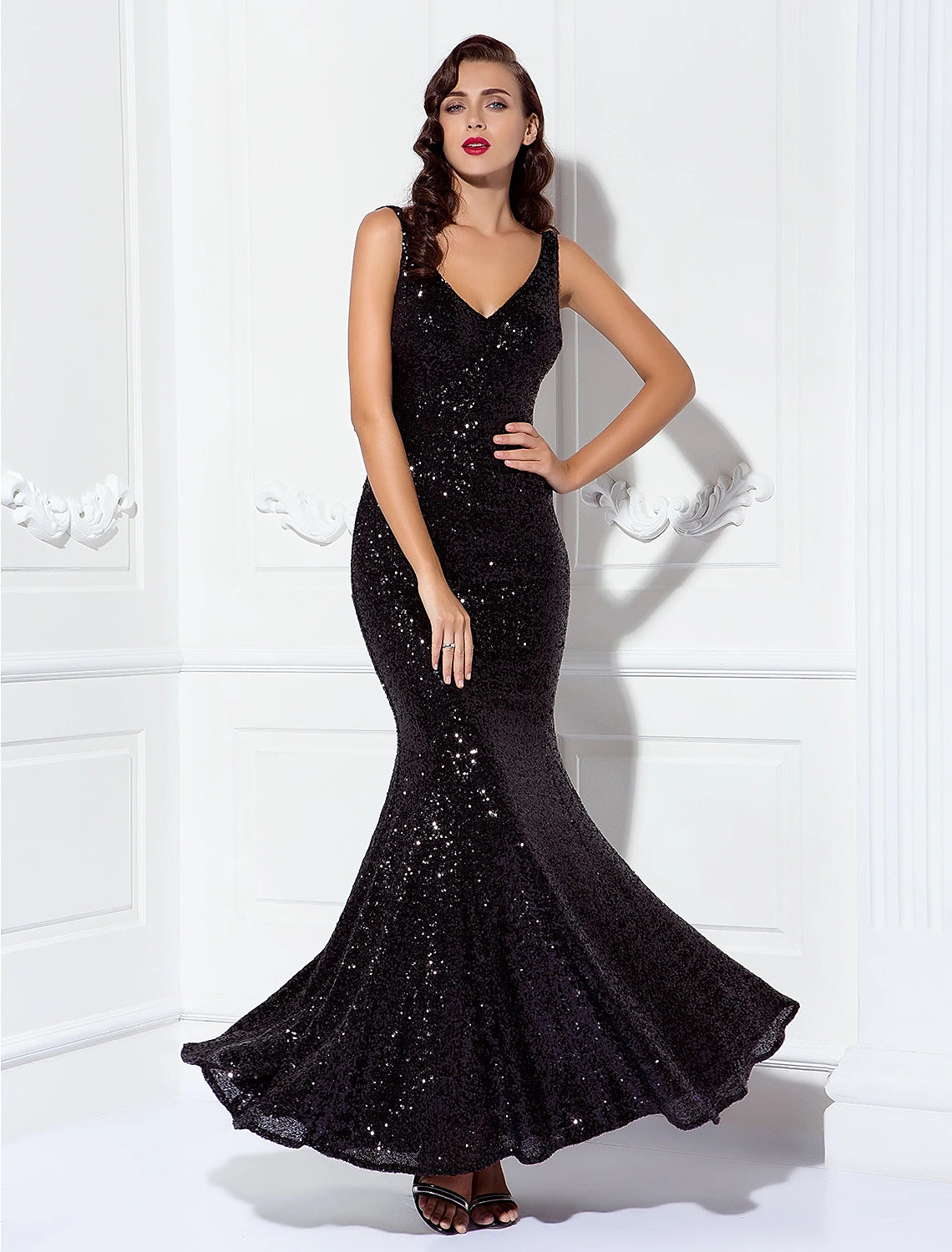 Early Access Sheath / Column Sparkle & Shine Dress Wedding Guest Prom Floor Length Sleeveless V Neck Sequined V Back with Sequin Early Access Sheath / Column Sparkle & Shine Dress Wedding Guest Prom Floor Length Sleeveless V Neck Sequined V Back with Sequin