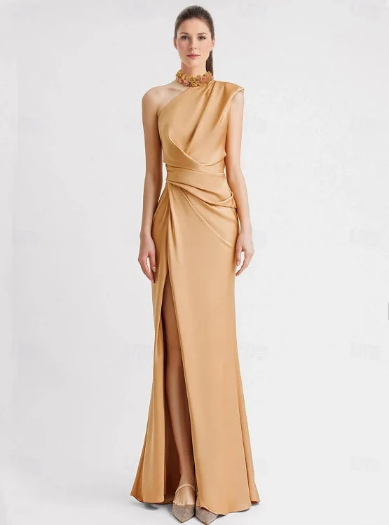 Bargain Blast Sheath / Column Evening Gown Floor Length Sleeveless One Shoulder Pocket Satin with Appliques Bargain Blast Sheath / Column Evening Gown Floor Length Sleeveless One Shoulder Pocket Satin with Appliques