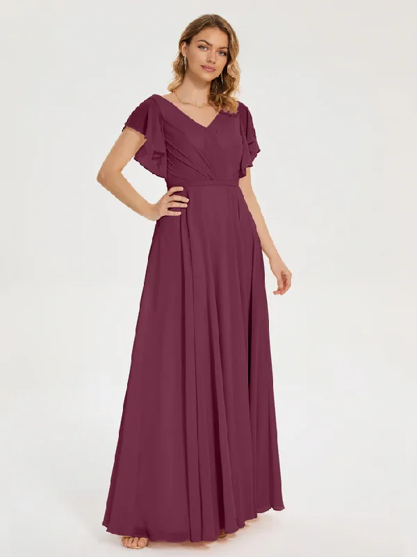 Quick Sale A-Line Princess V-neck Pleats Chiffon Bridesmaid Dress with Ruffles