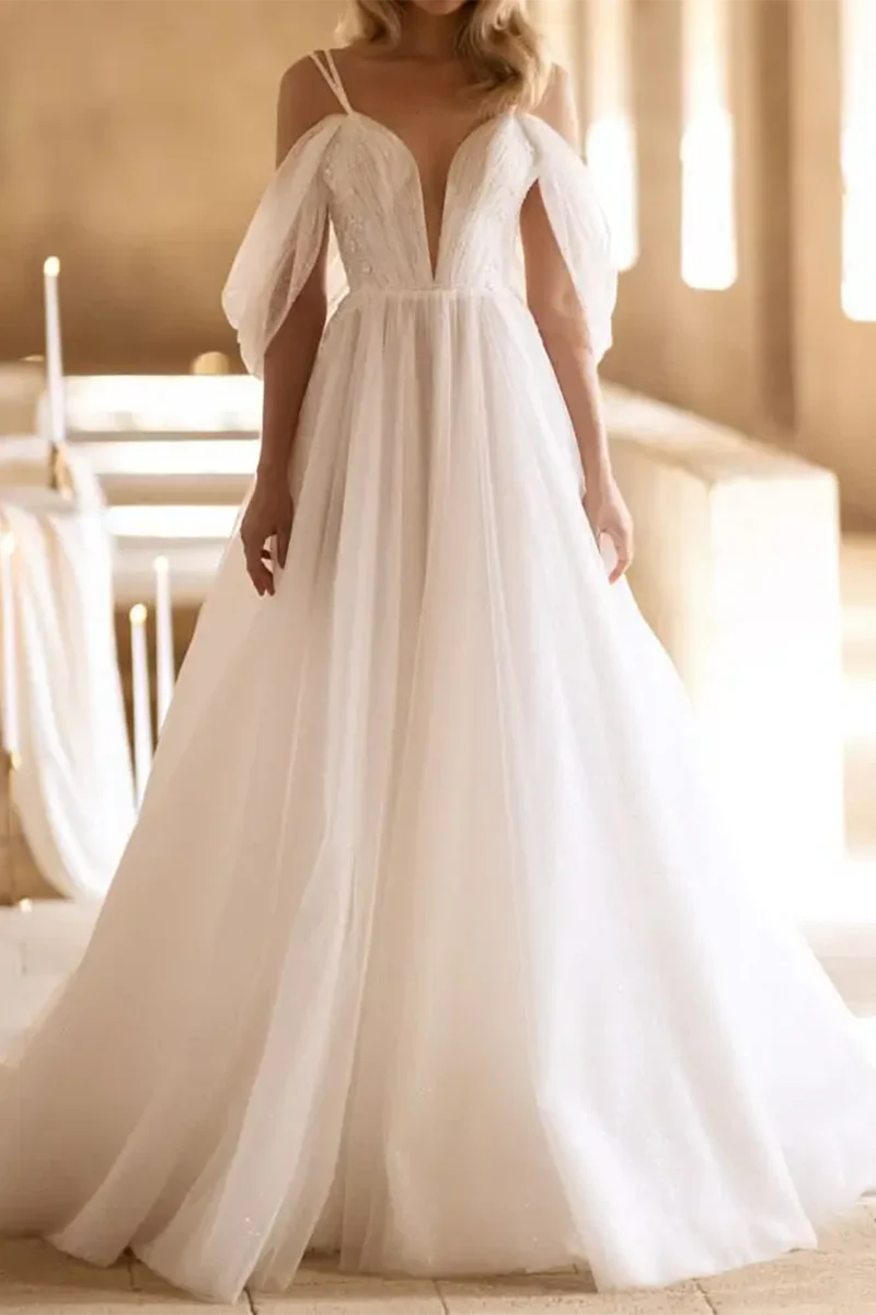 Special Discount A-line deep V-neck sheer pleated rural style trailing wedding dress Special Discount A-line deep V-neck sheer pleated rural style trailing wedding dress