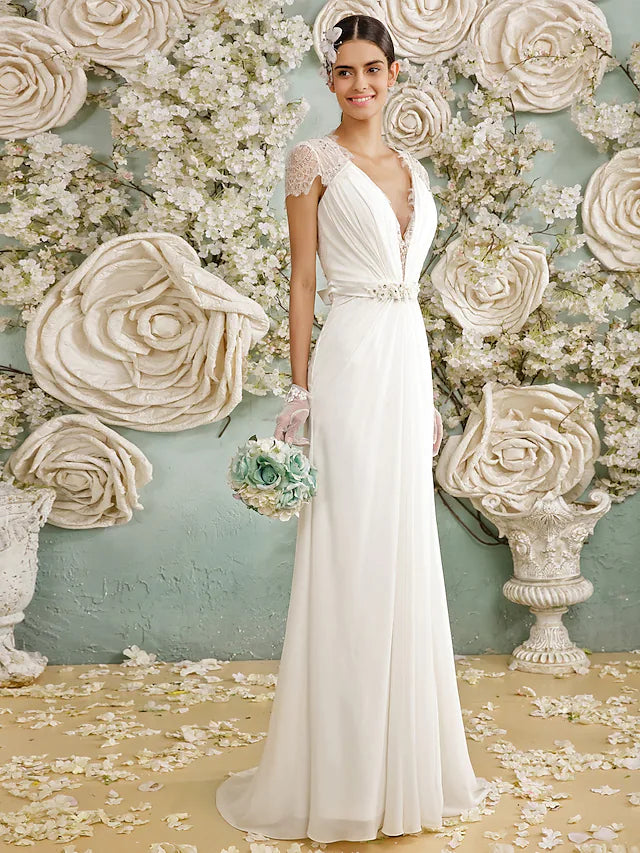 Value Deals Open Back Wedding Dresses  Sleeve V Neck Chiffon With Crystal Button