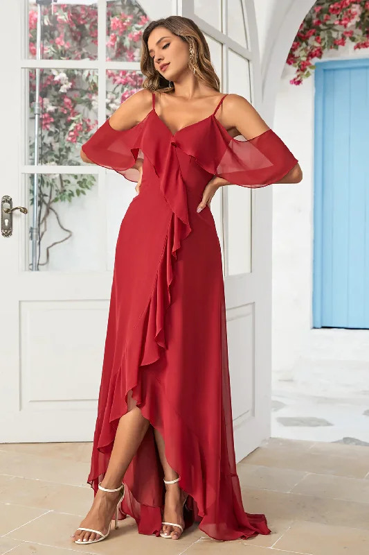 Customer Appreciation Sale Wine red ruffled asymmetrical off shoulder long bridesmaid dress Customer Appreciation Sale Wine red ruffled asymmetrical off shoulder long bridesmaid dress