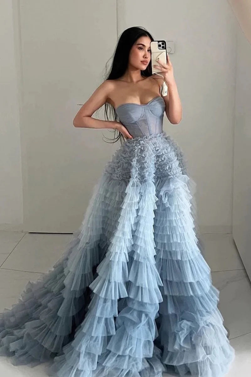 Limited Availability A-Line Sweetheart Tiered Ruffled Tulle Long Prom Dresses