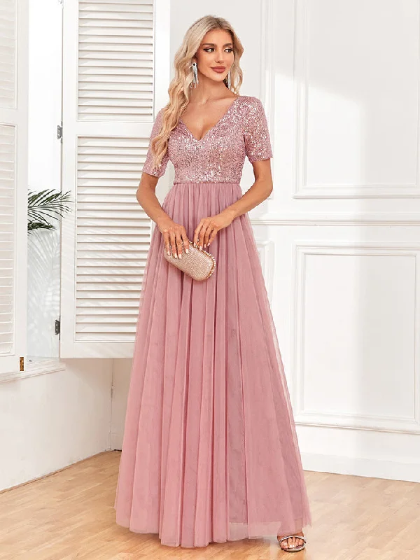 Amazing Deals V-Neck Short Sleeves Sequined Bodice Maxi A-Line Tulle Skirt Evening/Bridesmaid Dress Amazing Deals V-Neck Short Sleeves Sequined Bodice Maxi A-Line Tulle Skirt Evening/Bridesmaid Dress