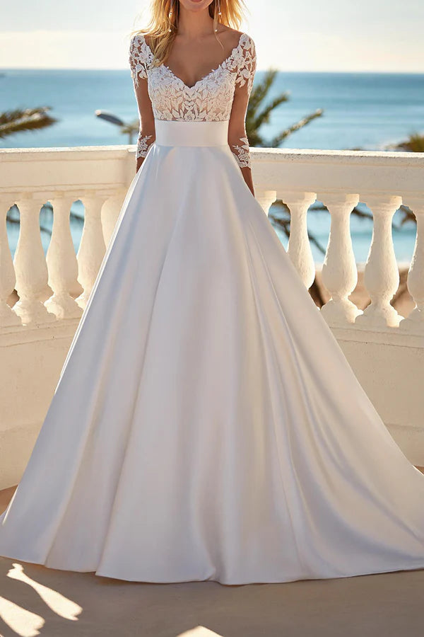 Price Fest A-shaped V-neck 3/4 sleeve satin wedding dress