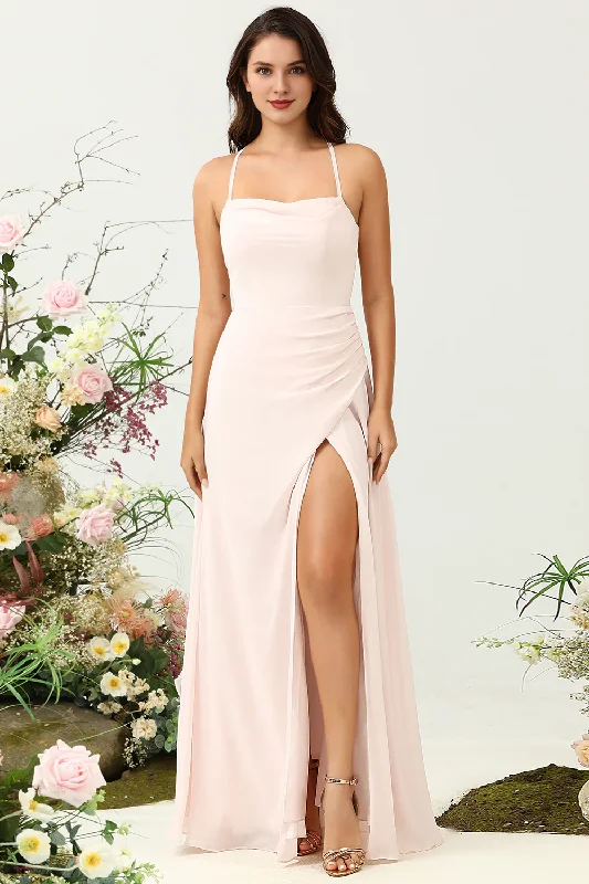 Savings Galore Pink A-line slim shoulder chiffon slit bridesmaid dress