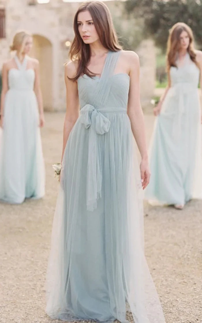 Super Deal One-Shoulder Long Bowed Tulle Bridesmaid Dress With Ruching