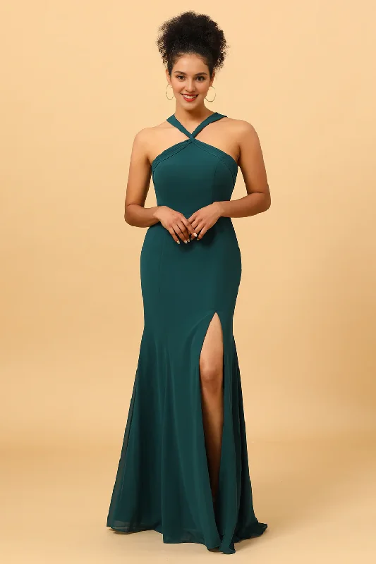 Final Markdown Pine mermaid hanging neck long chiffon slit bridesmaid dress