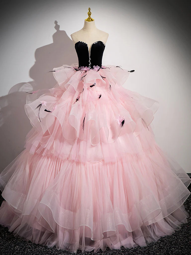 Price Reduction Pink Sweetheart Neck Tulle Tiered Long Prom Dress Ballgown Quinceanera Dress