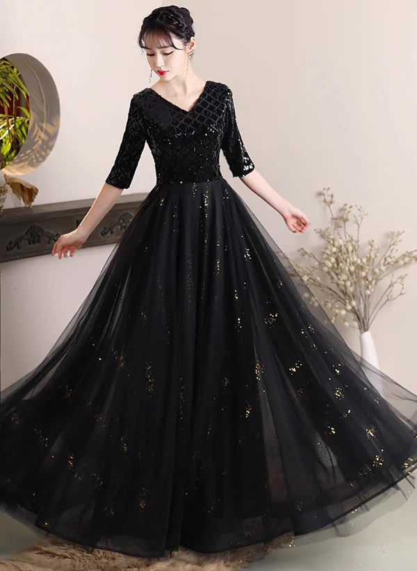 Exclusive Access Black A-line V-Neck Sequins and Tulle Long Formal Dress Wedding Party Dress Exclusive Access Black A-line V-Neck Sequins and Tulle Long Formal Dress Wedding Party Dress