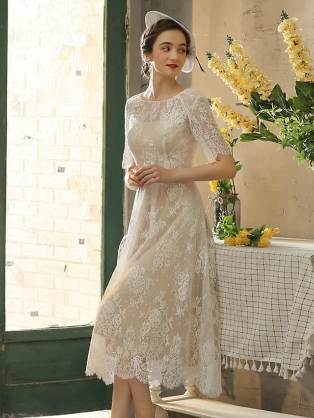 Price Cut Bridal Shower Little White Dresses Wedding Dresses Wedding Dresses Tea Length A-Line Half Sleeve Illusion Neck Lace With Sash Ribbon Appliques Price Cut Bridal Shower Little White Dresses Wedding Dresses Wedding Dresses Tea Length A-Line Half Sleeve Illusion Neck Lace With Sash Ribbon Appliques
