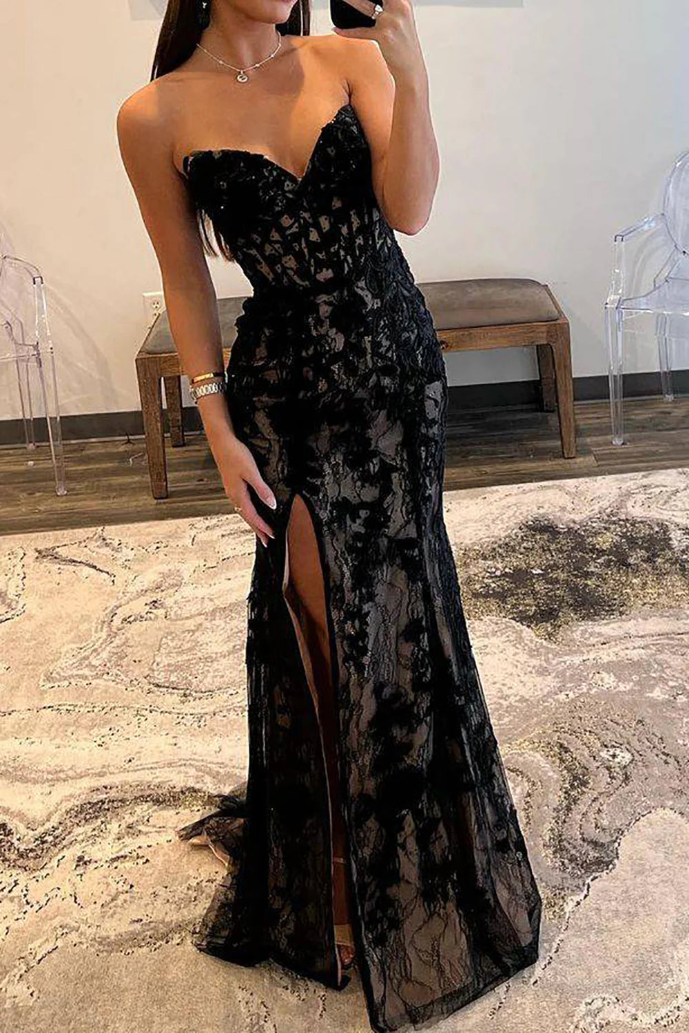 Great Bargains Mermaid Sweetheart Black Floor-length Corset Prom Dress Appliques With Slit