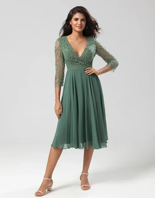 YEAR-End Sale A Line V-Neck Eucalyptus with Long Sleeves Bridesmaid Dress