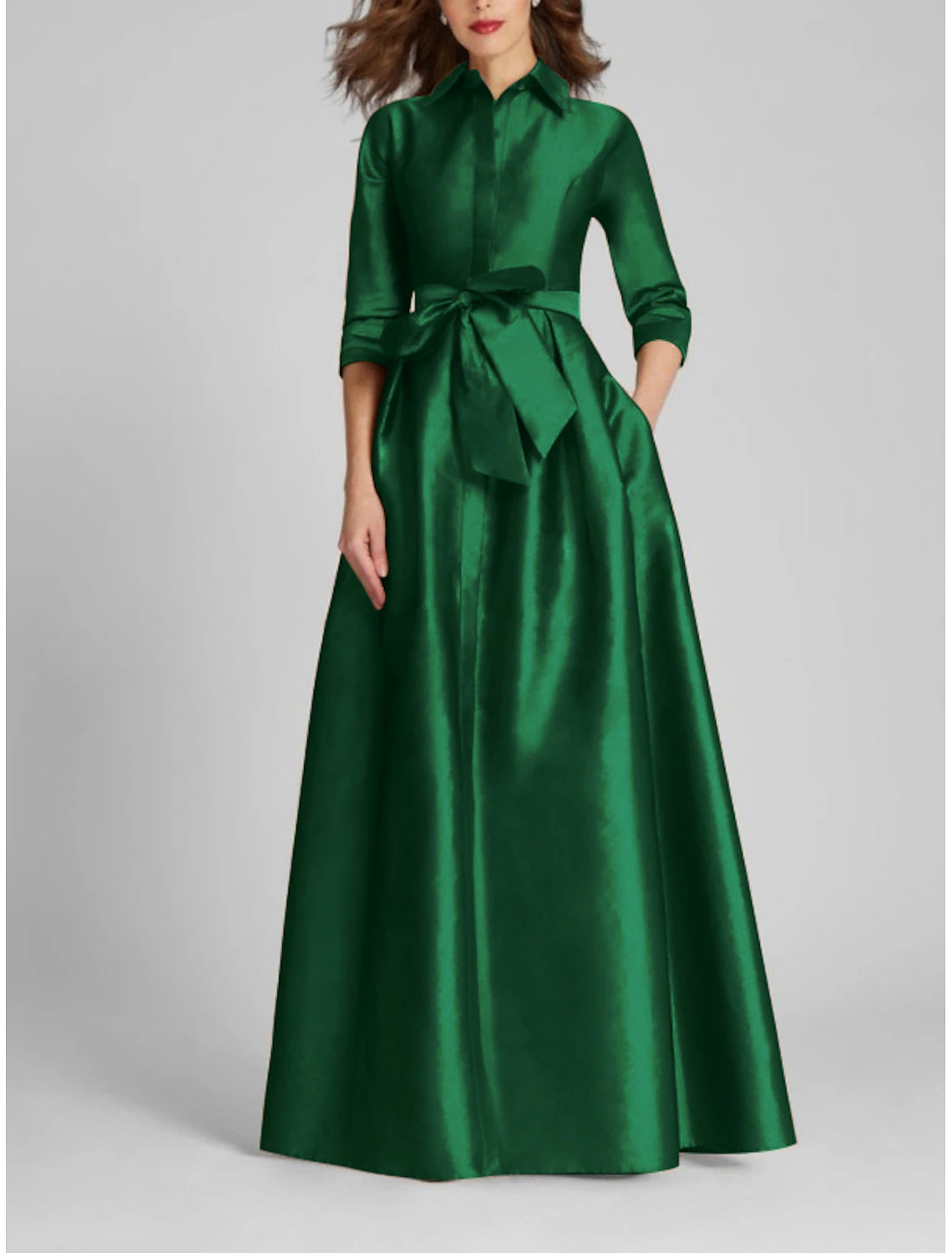 Big Discounts Satin A-Line Evening Gown Floor Length Half Sleeve Shirt Collar with Bow(s) Pleats