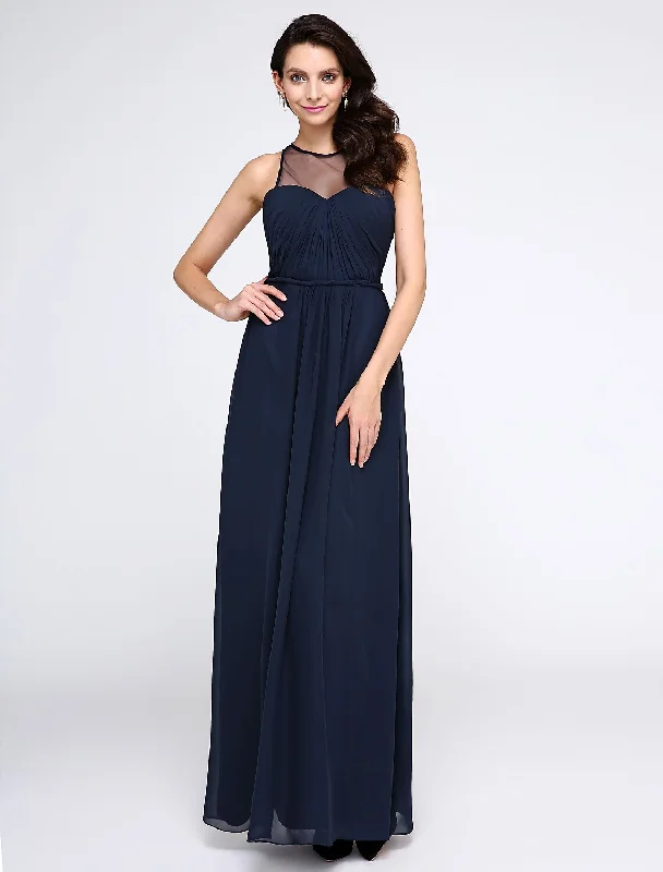 Online Only Sheath / Column Elegant Dress Holiday Cocktail Party Ankle Length Sleeveless Illusion Neck Chiffon with Side Draping