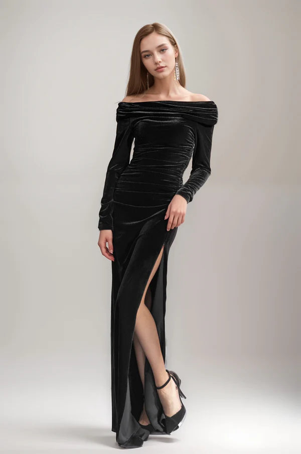 Best Deals Elegant Off the Shoulder long sleeves Side Slit Sheath Velvet dress