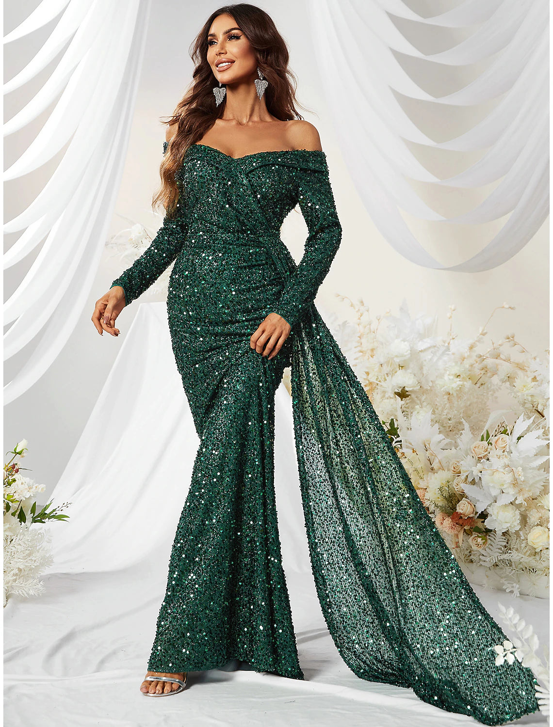 Anniversary Sale Mermaid / Trumpet Evening Party Dress Sparkle & Shine Dress Formal Sweep / Brush Train Long Sleeve Off Shoulder Polyester with Sequin