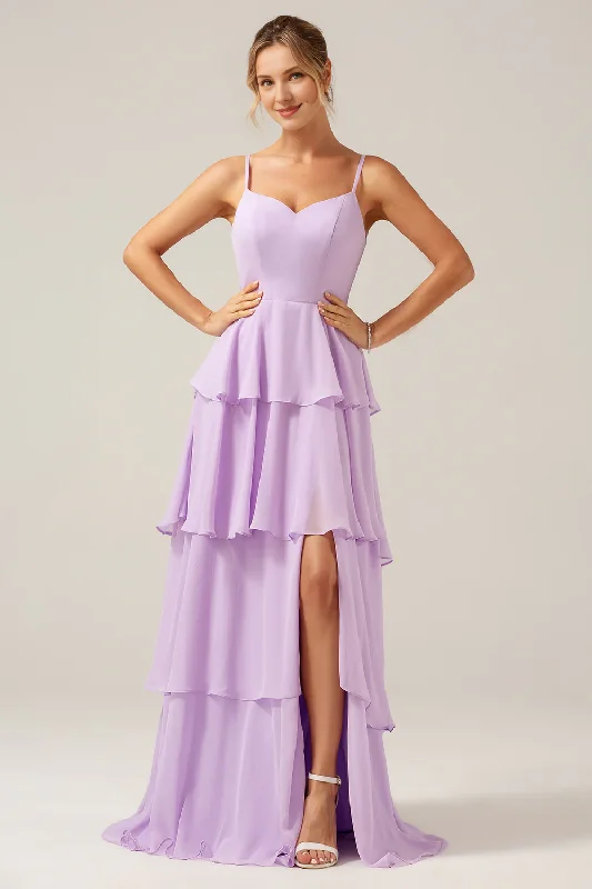 Don't Miss A-line thin shoulder strap layered and floor length slit light purple bridesmaid dress