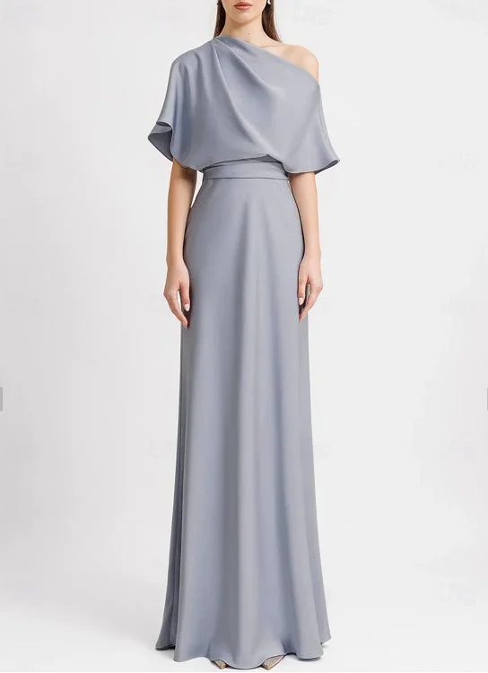 Mega Sale A-Line Evening Gown Wedding Guest Floor Length Sleeveless One Shoulder Satin with Pleats Butterfly Mega Sale A-Line Evening Gown Wedding Guest Floor Length Sleeveless One Shoulder Satin with Pleats Butterfly