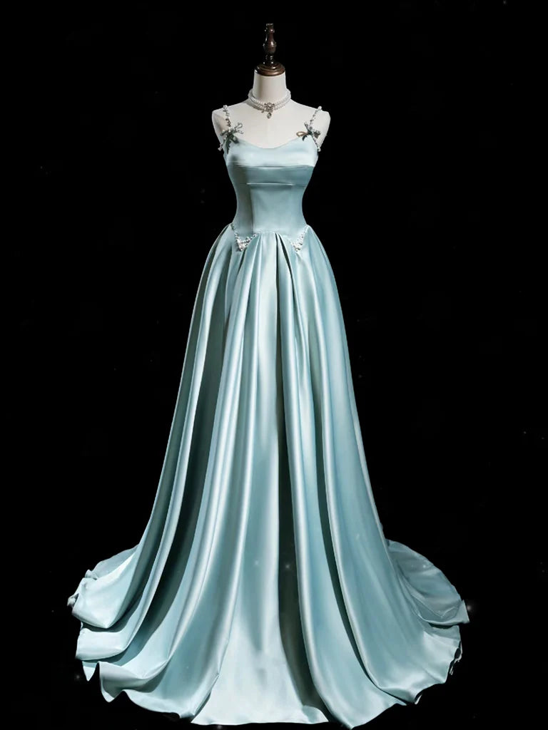 Exclusive Access A-Line Blue Satin Long Prom Dress Spaghetti Strap Court Train Dresses