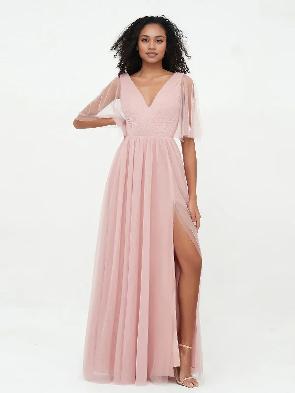 Hot Deal A-line V-neck Tulle Max Dresses with Deep-V Back-Dusty Rose Bridesmaid Dresses
