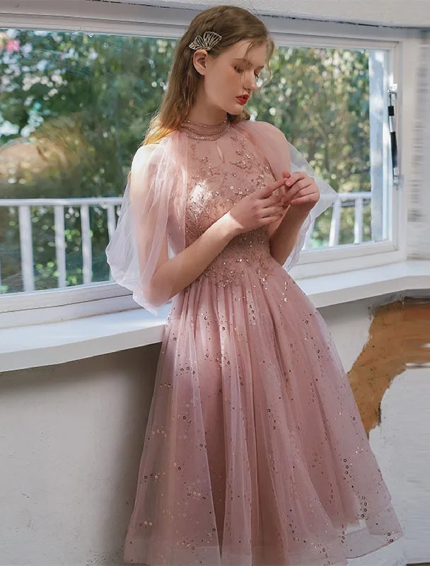 Online Only A-Line Cocktail Dresses Party Dress Engagement Knee Length 34 Length Sleeve Jewel Neck Tulle with Sequin Appliques Online Only A-Line Cocktail Dresses Party Dress Engagement Knee Length 34 Length Sleeve Jewel Neck Tulle with Sequin Appliques
