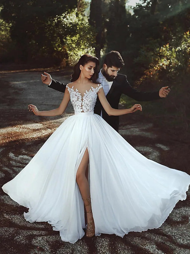 Discount Deals Beach Open Back Wedding Dresses Court Train A-Line Cap Sleeve Jewel Neck Chiffon With Pleats Split Front Discount Deals Beach Open Back Wedding Dresses Court Train A-Line Cap Sleeve Jewel Neck Chiffon With Pleats Split Front