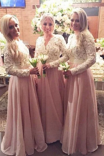 Deal Dash A-line Floor-length V-neck Long Sleeve Chiffon Lace Dress