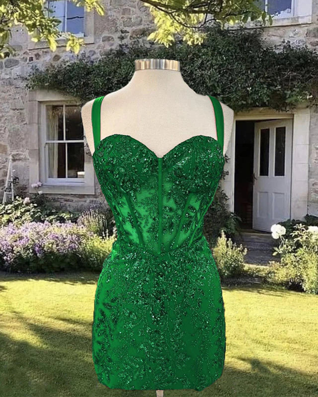 Markdowns Short Green Sequin Pattern Corset Homecoming Dress Prom Dresses