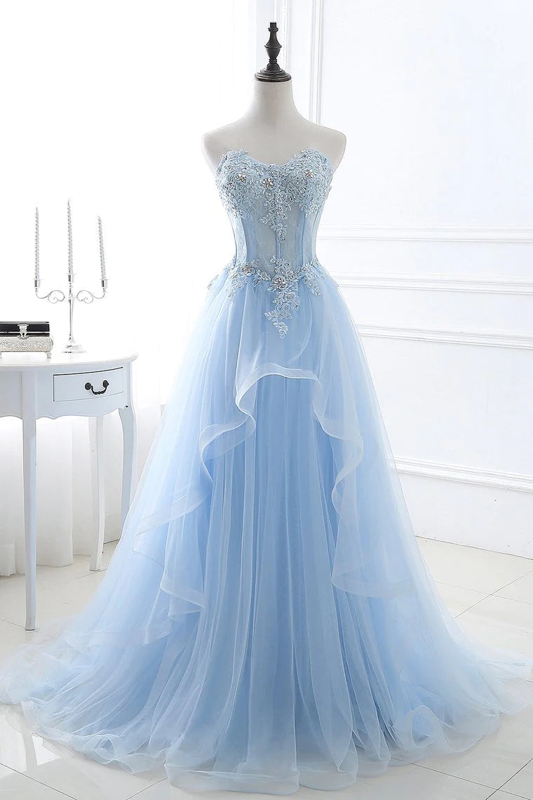 Special Savings A Line Prom Dresses Sweetheart Tulle With Applique Sweep Train