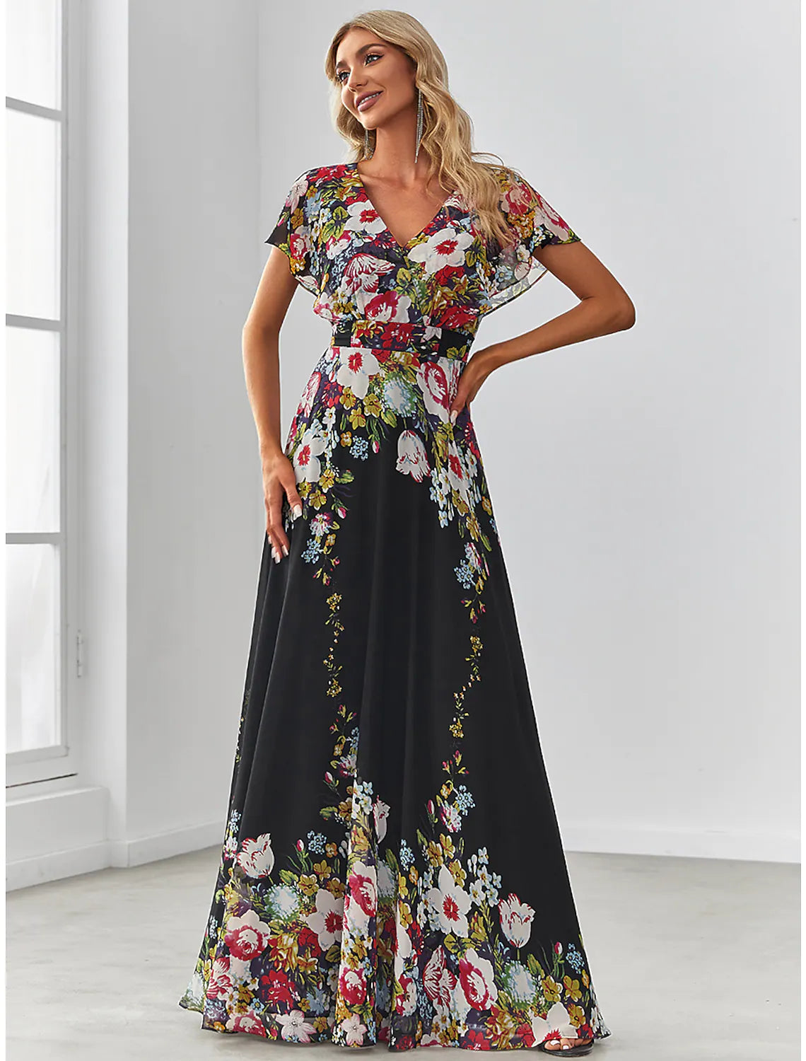 Don't Wait A-Line Evening Gown Elegant Dress Floor Length Short Sleeve V Neck Chiffon with Pattern