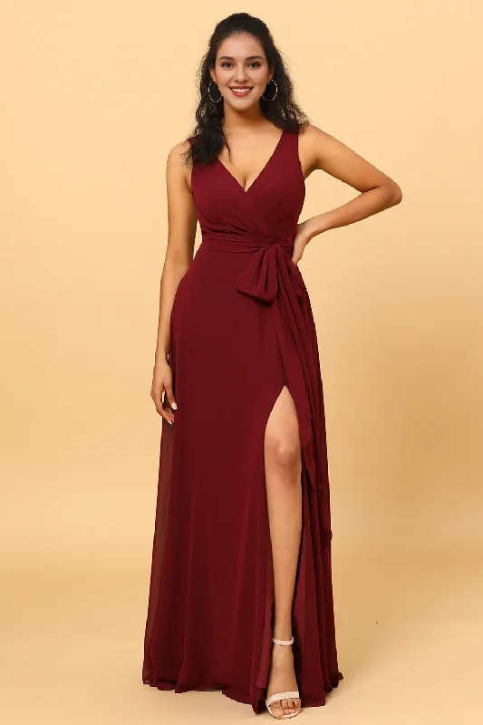 Price Cut Cabernet Sauvignon V-neck sleeveless and floor chiffon bridesmaid dress
