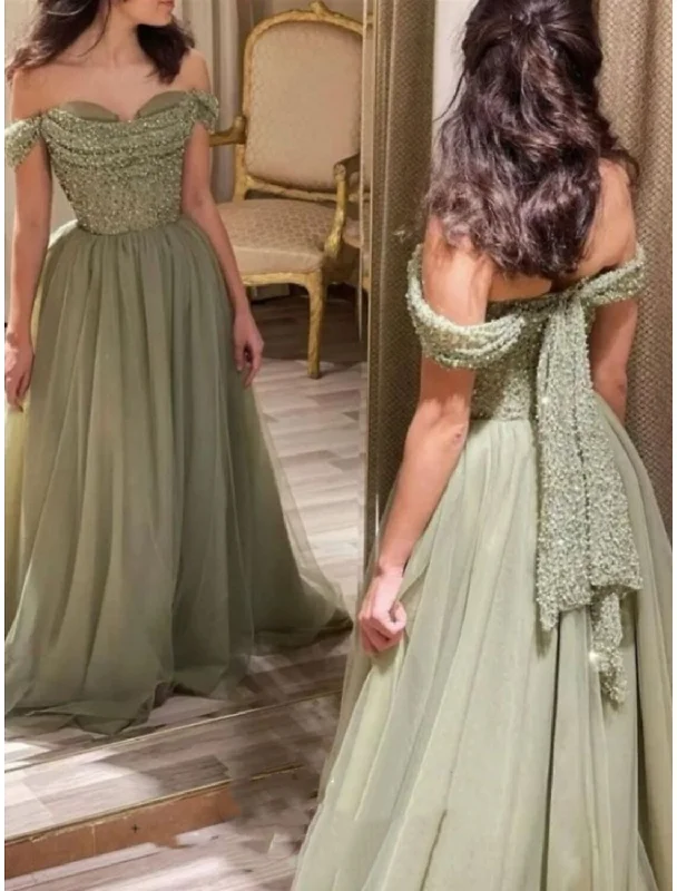 Price Rollback A-Line Prom Dresses Elegant Dress Formal Sweep / Brush Train Christmas Red Green Dress Short Sleeve Off Shoulder Tulle with Glitter Pleats Ruched