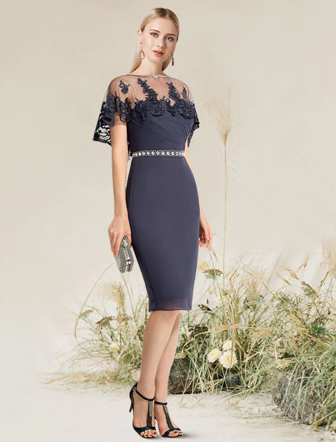 Weekend Special Sheath / Column Cocktail Dresses Convertible Dress Wedding Guest Knee Length Short Sleeve Strapless Lace with Lace Insert Appliques Weekend Special Sheath / Column Cocktail Dresses Convertible Dress Wedding Guest Knee Length Short Sleeve Strapless Lace with Lace Insert Appliques