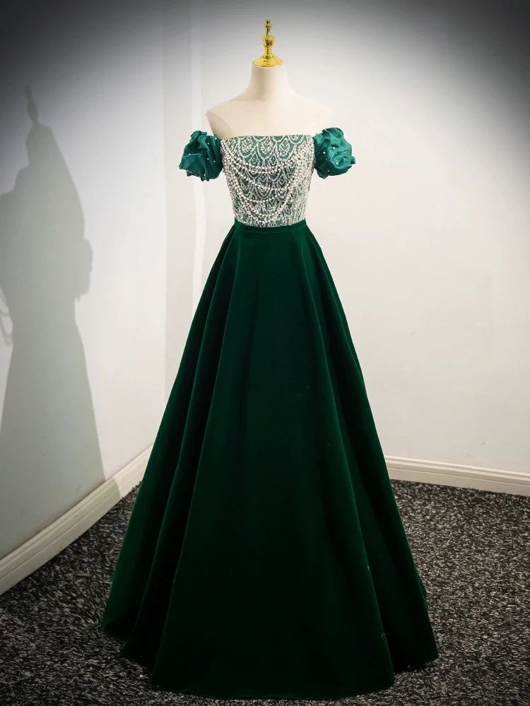 Deal of the Day A-Line Velvet Sequin Beads Green Long Prom Dress Evening Dress