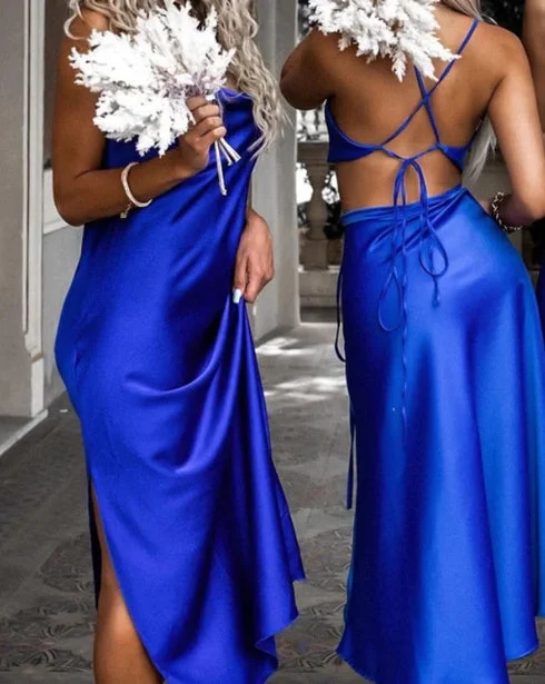 Flash Sale Royal Blue Midi Spaghetti Strap Bridesmaid Dresses Open Back Satin Party Dresses